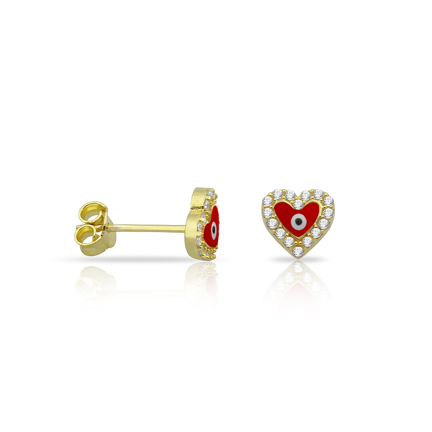 Sterling Silver Yellow Gold Plated Evil Eye Stud Earrings With Red Enamel & CZ