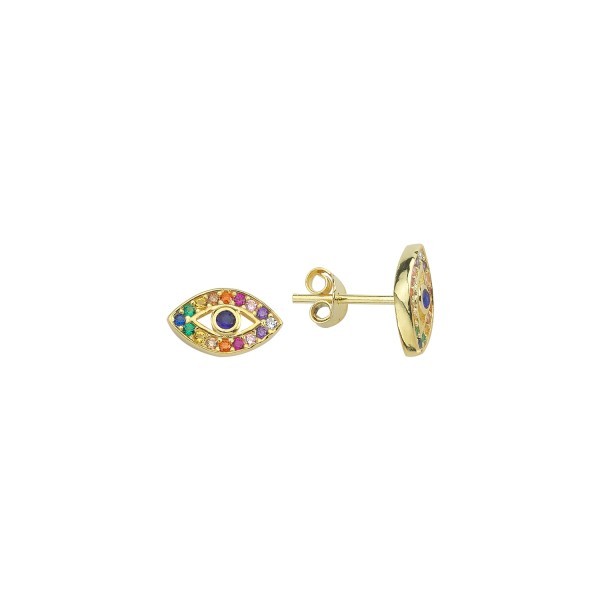 Sterling Silver Yellow Gold Plated Evil Eye Stud Earrings With Multi Color CZ