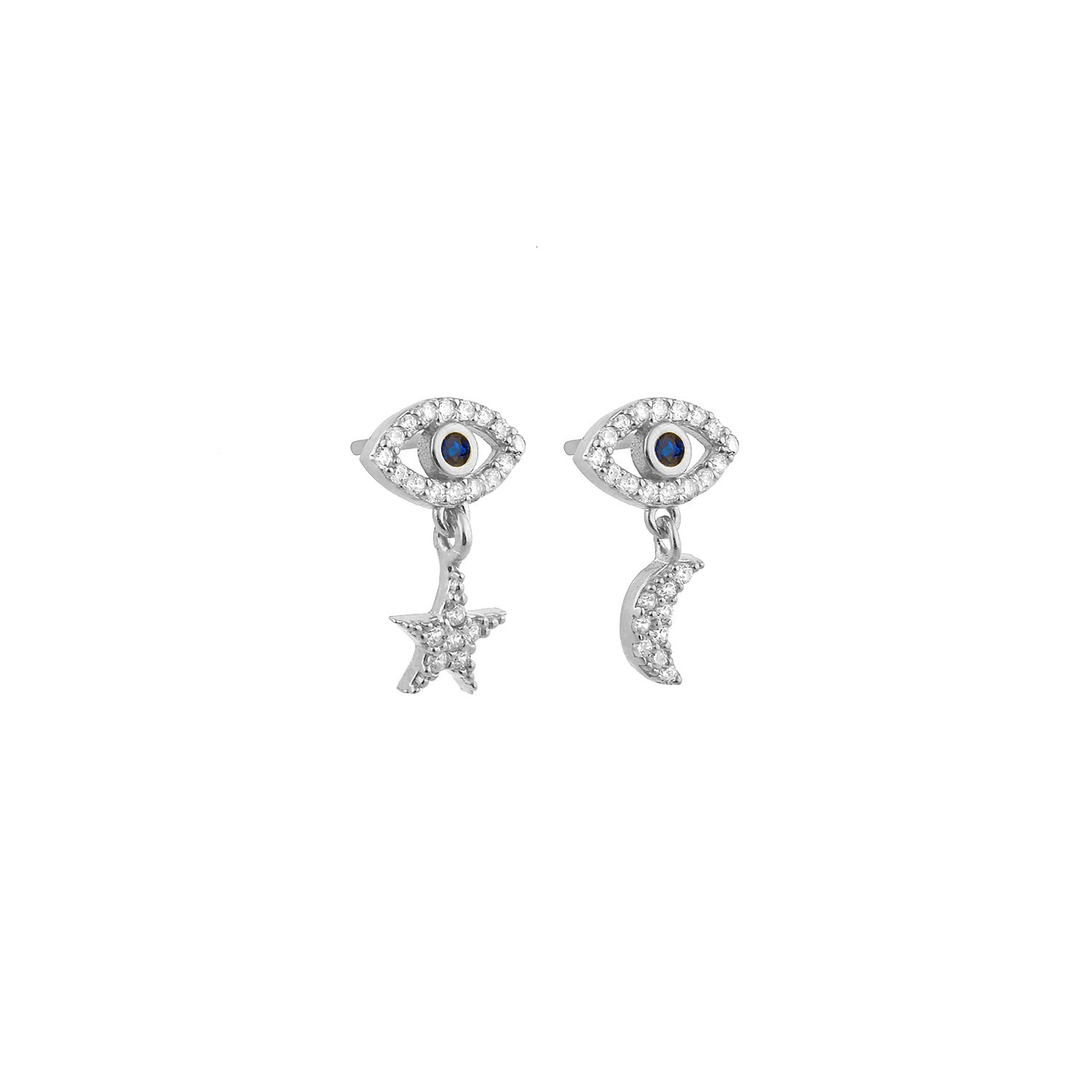 Sterling Silver Rhodium Plated Evil Eye Star & Moon Stud Earrings With Sapphire & CZ