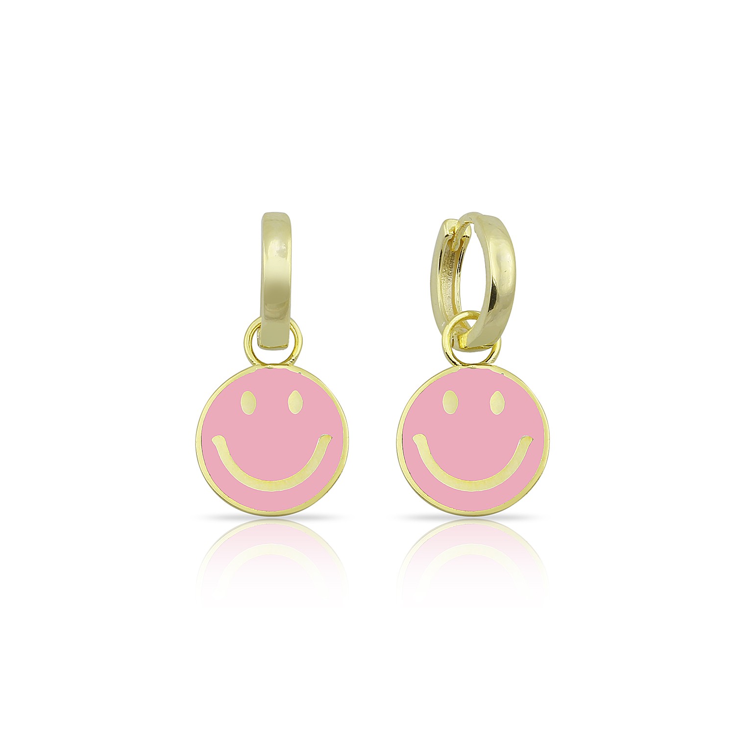 Sterling Silver Yellow Gold Plated Baby Pink Enamel Smiley Face Earrings