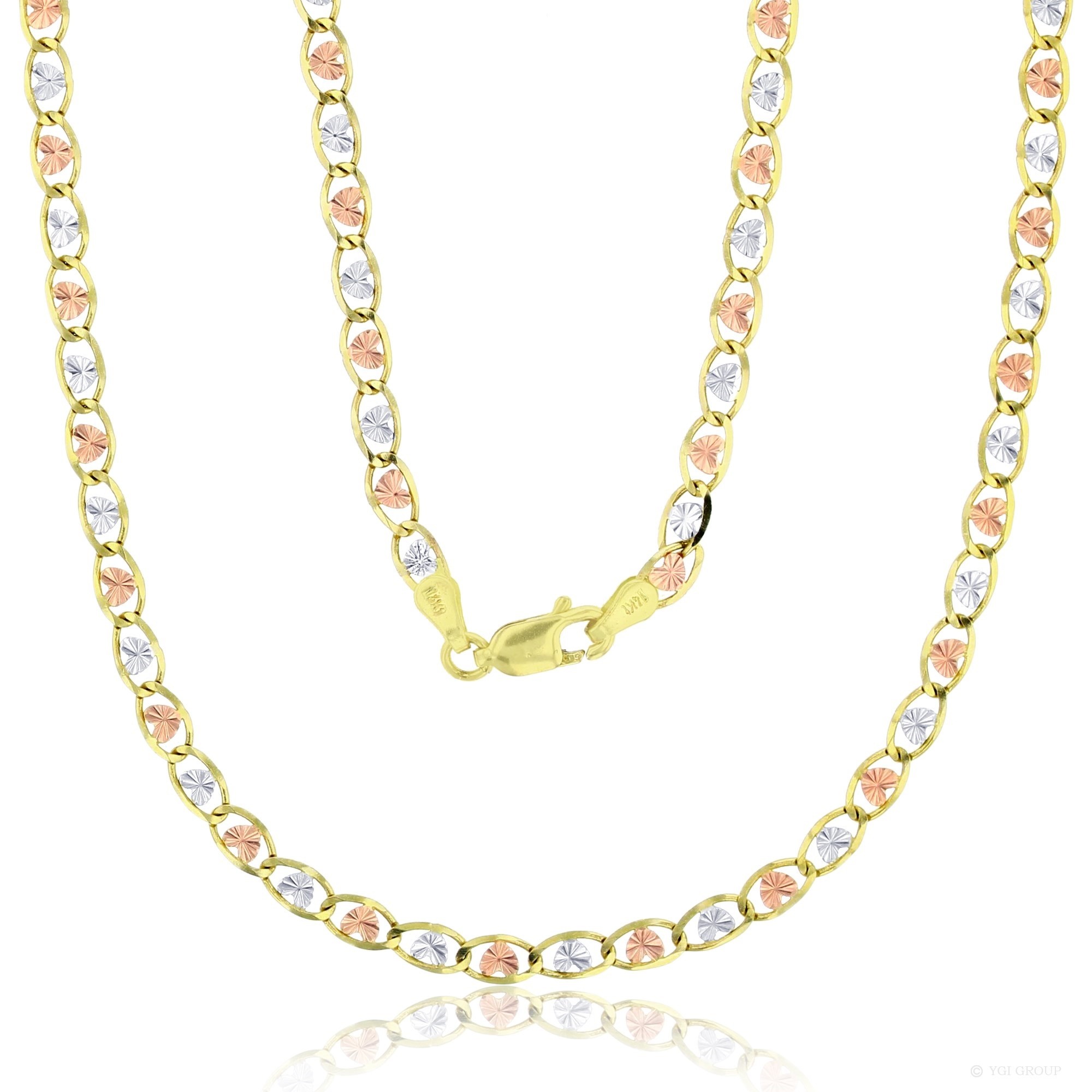 14KT Gold 18" Tri-Color Heart-Love Valentino Chain 060 Gauge 3.50MM 