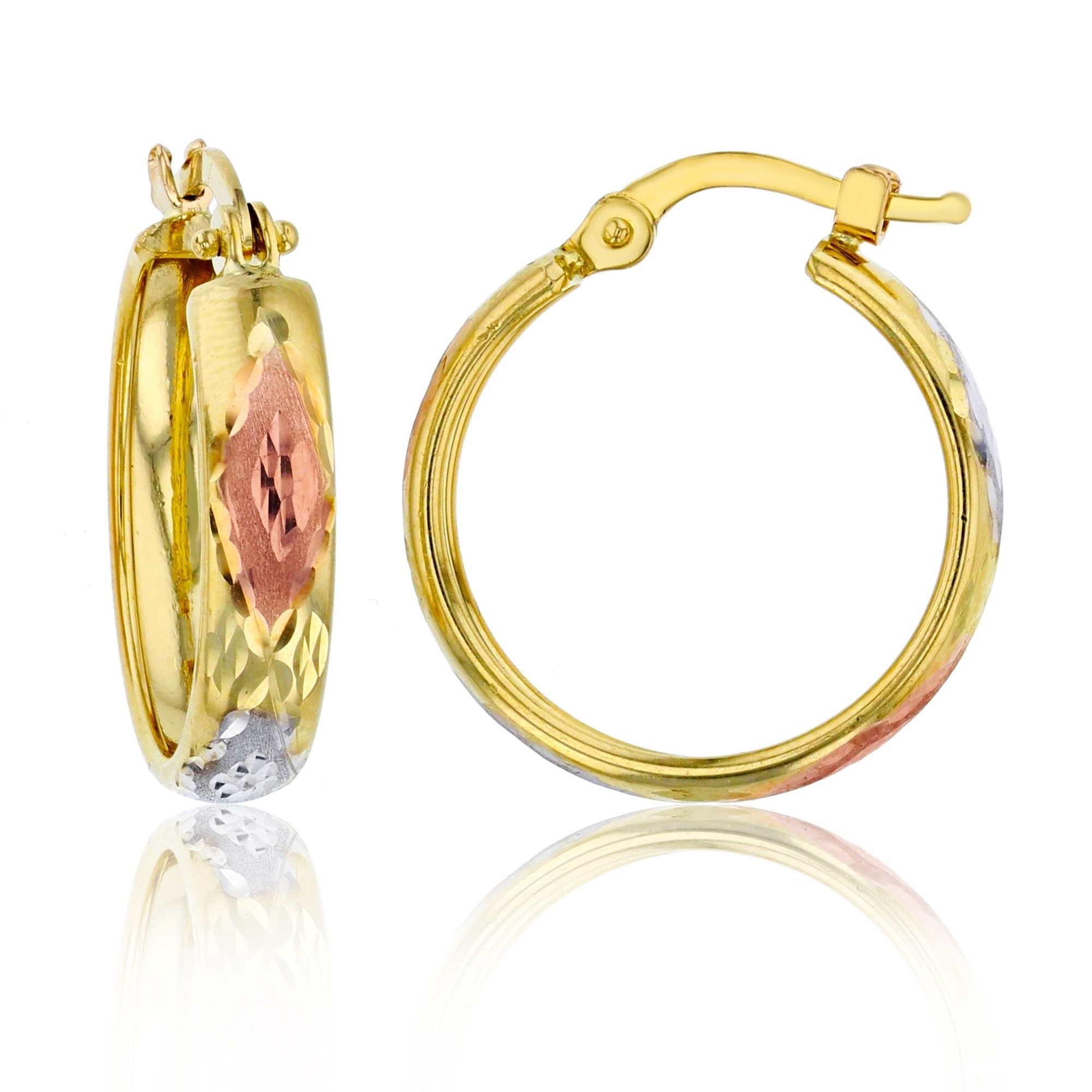 14K Gold Tricolor 4x15MM DC Diamond Design Hoop Earrings