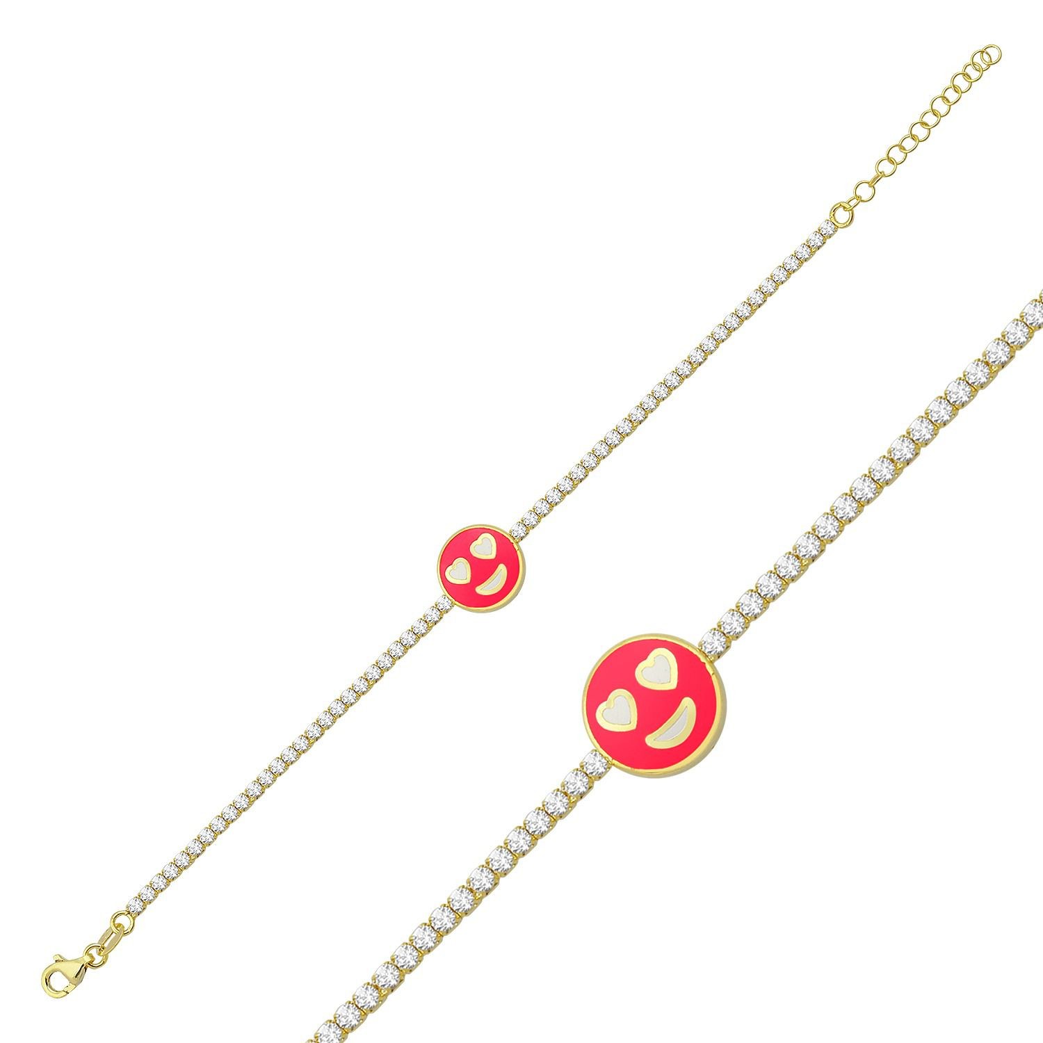 Sterling Silver Yellow Gold Plated Love Heart Smiley Face Tennis Bracelet With Hot Pink Enamel & Cubic Zirconia