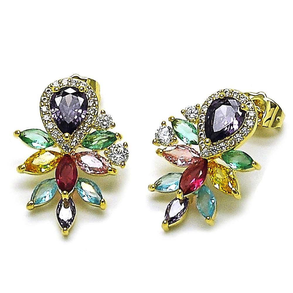 Gold Filled Stud Earrings Teardrop and Cluster Design with Multicolor Cubic Zirconia and White Micro Pave Polished Golden Finish