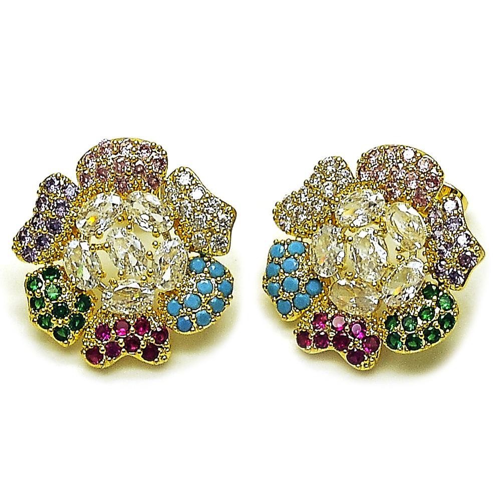 Gold Filled Stud Earrings Flower Design with White and Multicolor Cubic Zirconia,Polished Golden Finish