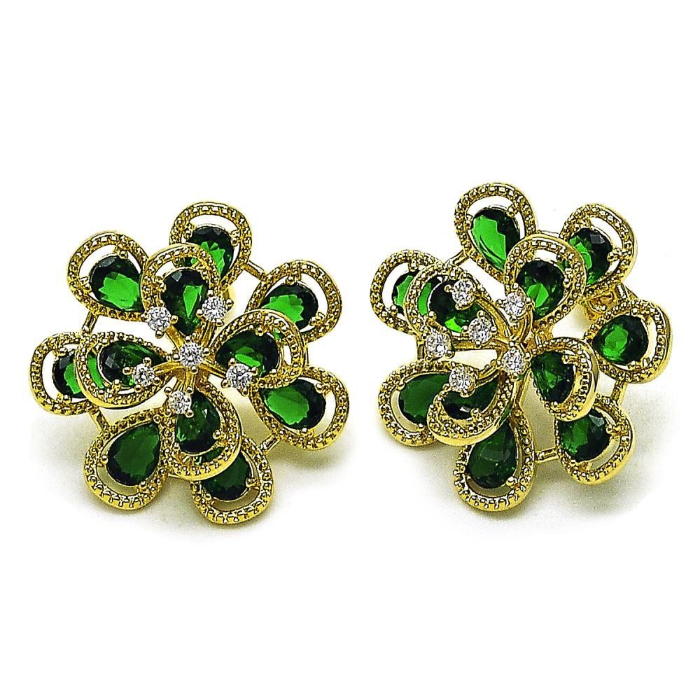Gold Filled  Stud Earrings Flower Design with Green and White Cubic Zirconia Diamond Cutting Finish Golden Finish