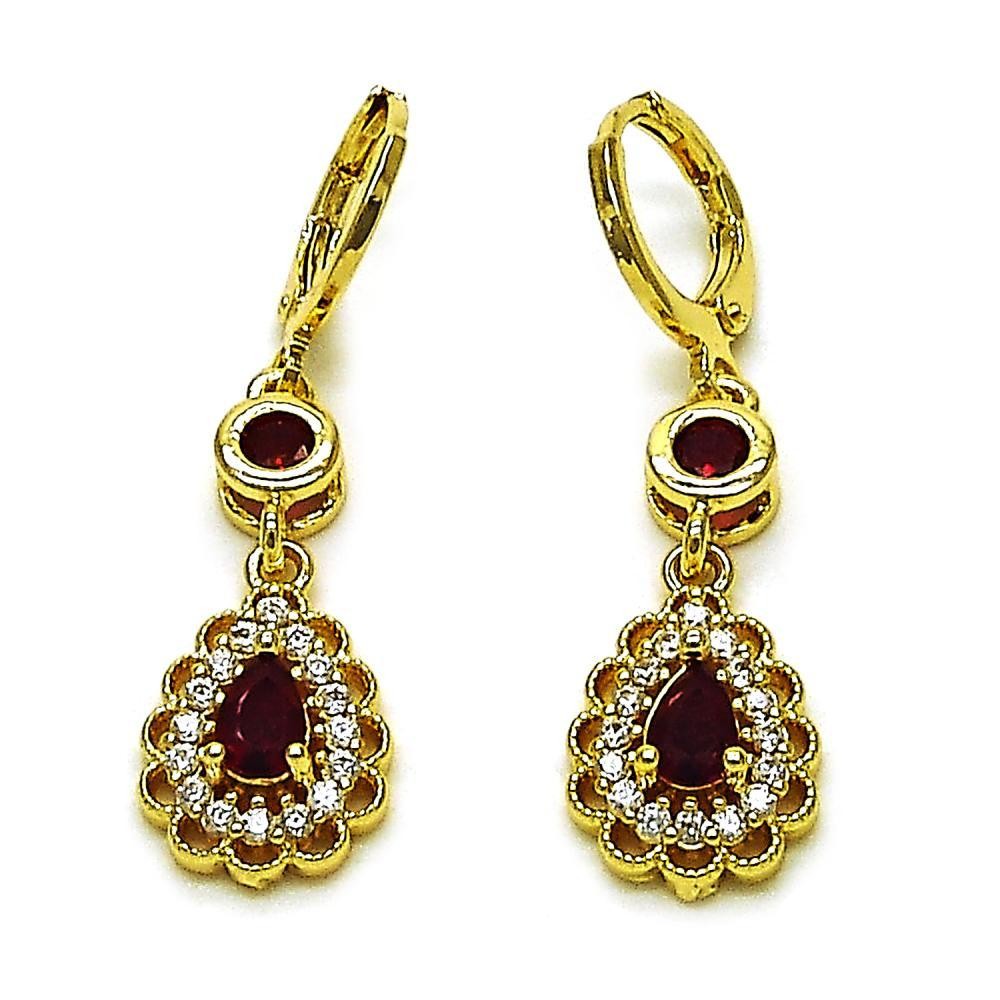 Gold Filled Long Earrings Teardrop Design with Garnet and White Cubic Zirconia Polished Golden Finish