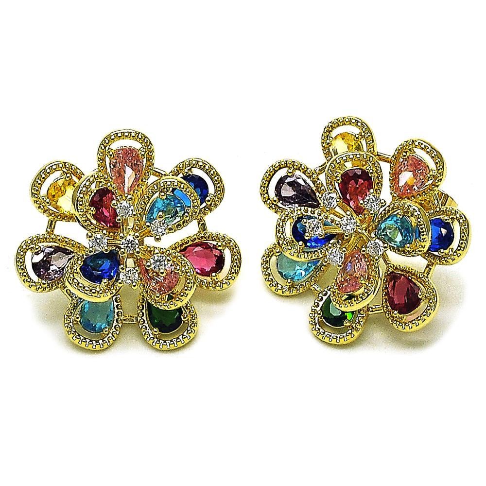 Gold Filled Stud Earring Flower Design with Multicolor and White Cubic Zirconia Diamond Cutting Finish Golden Finish