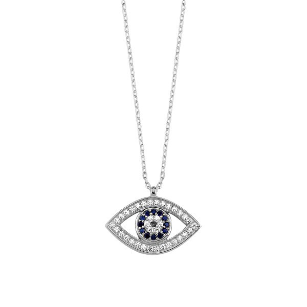 Sterling Silver Rhodium Plated Evil Eye Necklace With Sapphire & CZ