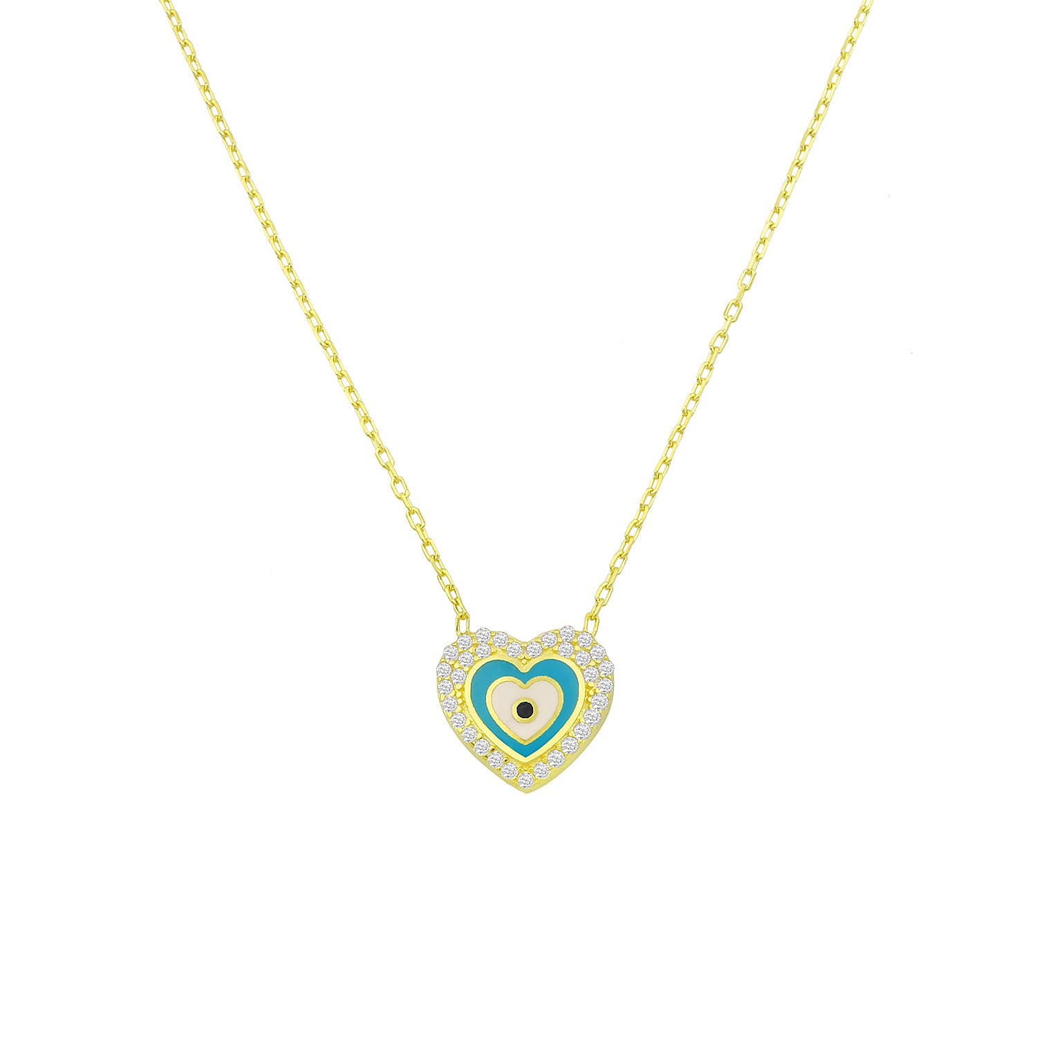 Sterling Silver Yellow Gold Plated Heart Evil Eye Necklace With Enamel & CZ