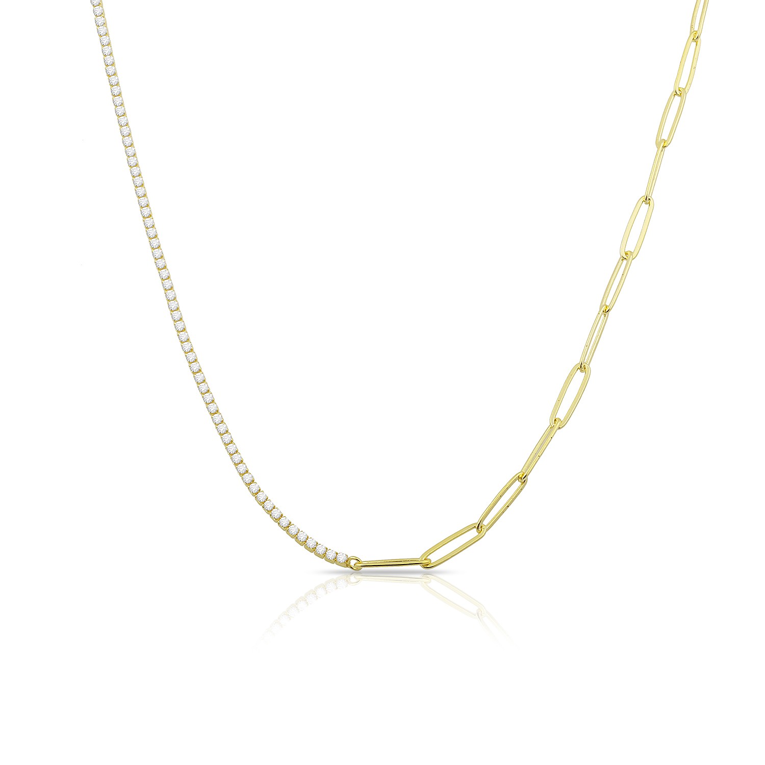 Sterling Silver Yellow Gold Plated Tennis & Paper Clip Choker Necklace With White Cubic Zirconia