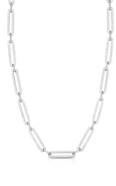 Sterling Silver Rhodium Plated Pave Oval Link Choker Necklace With Clear CZ