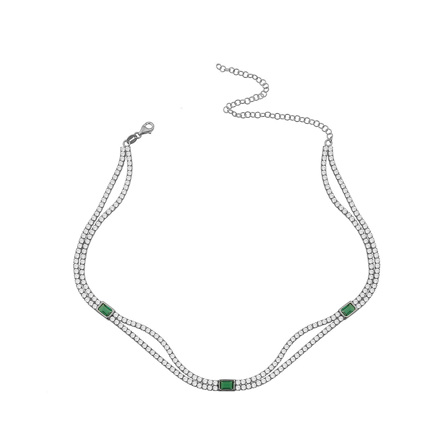 Sterling Silver Rhodium Plated Dainty Double Row Tennis Necklace With Emerald & Clear CZ