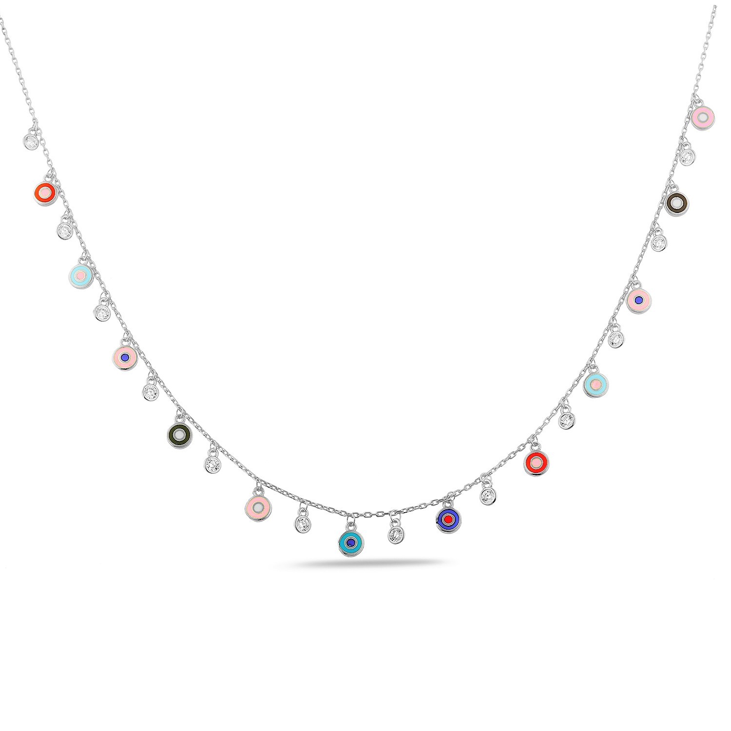 Sterling Silver Rhodium Plated Evil Eye Charm Necklace With Multicolor Enamel & CZ