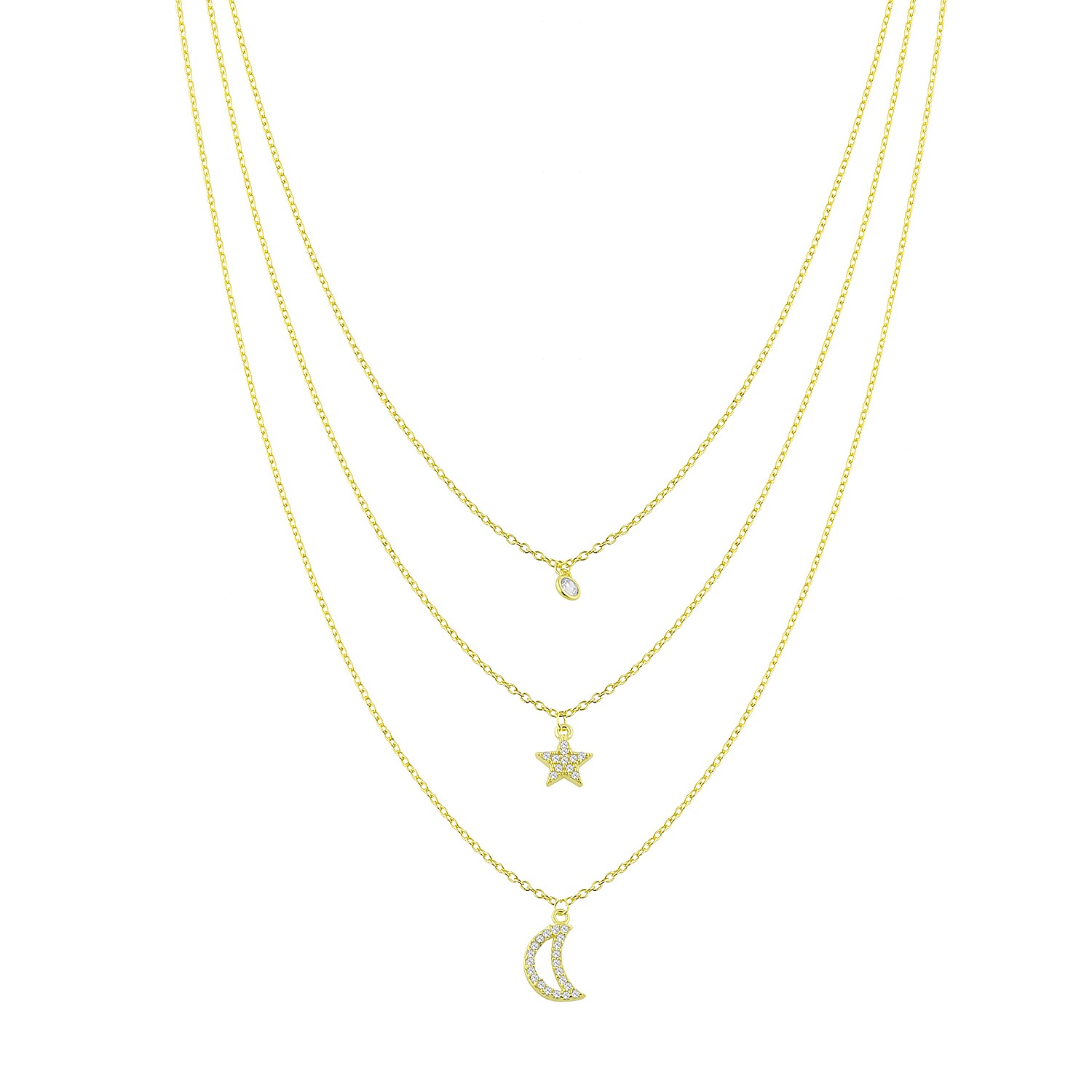 Sterling Silver Yellow Gold Plated 3 Layers Star & Moon Necklace With CZ