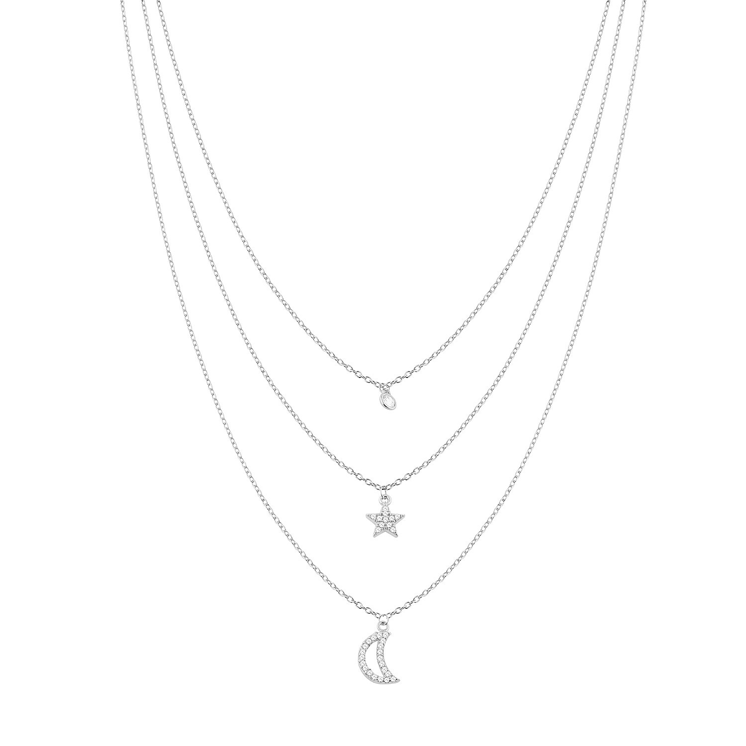 Sterling Silver Rhodium Plated 3 Layers Star & Moon Necklace With CZ