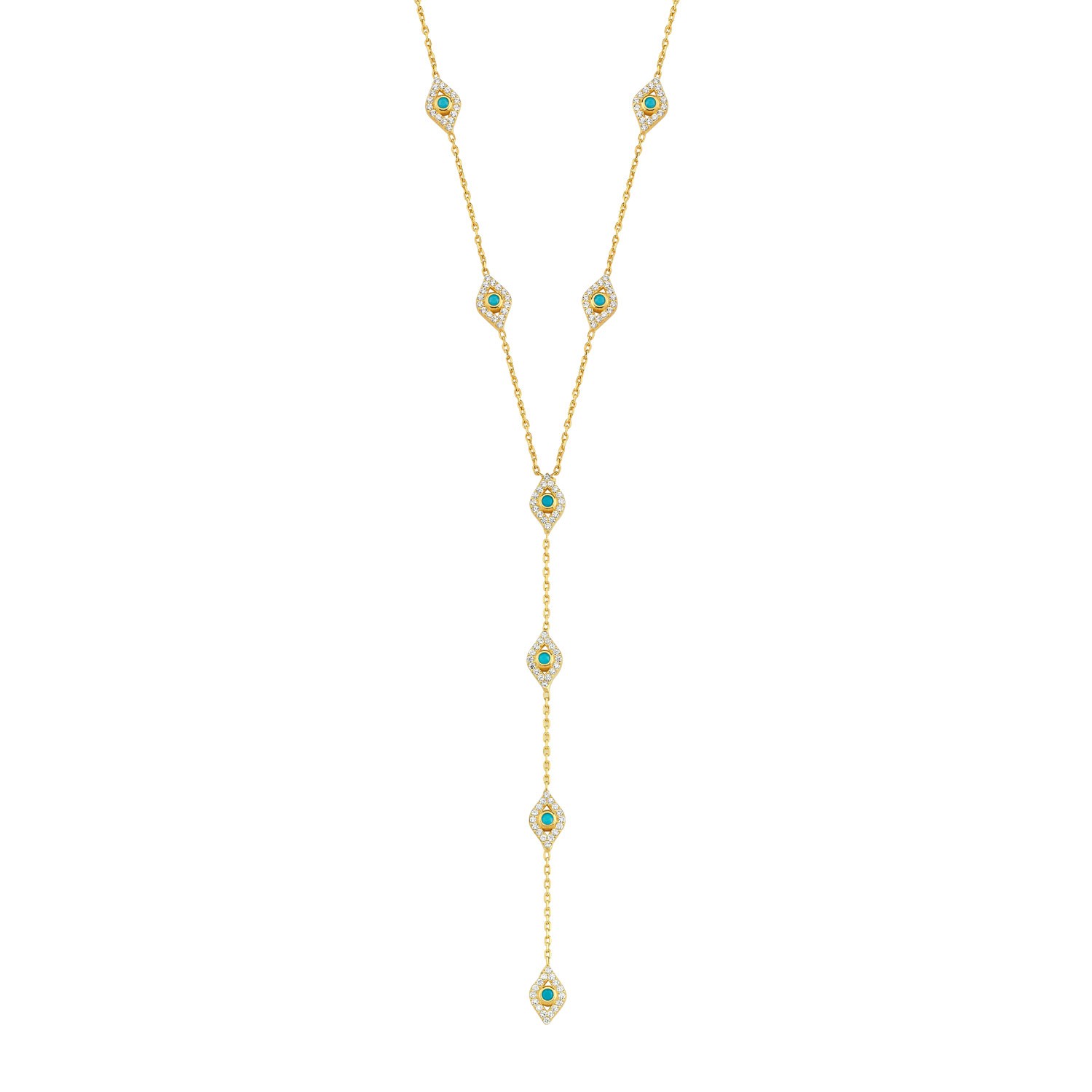 Sterling Silver Yellow Gold Plated Evil Eye Lariat Necklace With Turquoise & Clear CZ