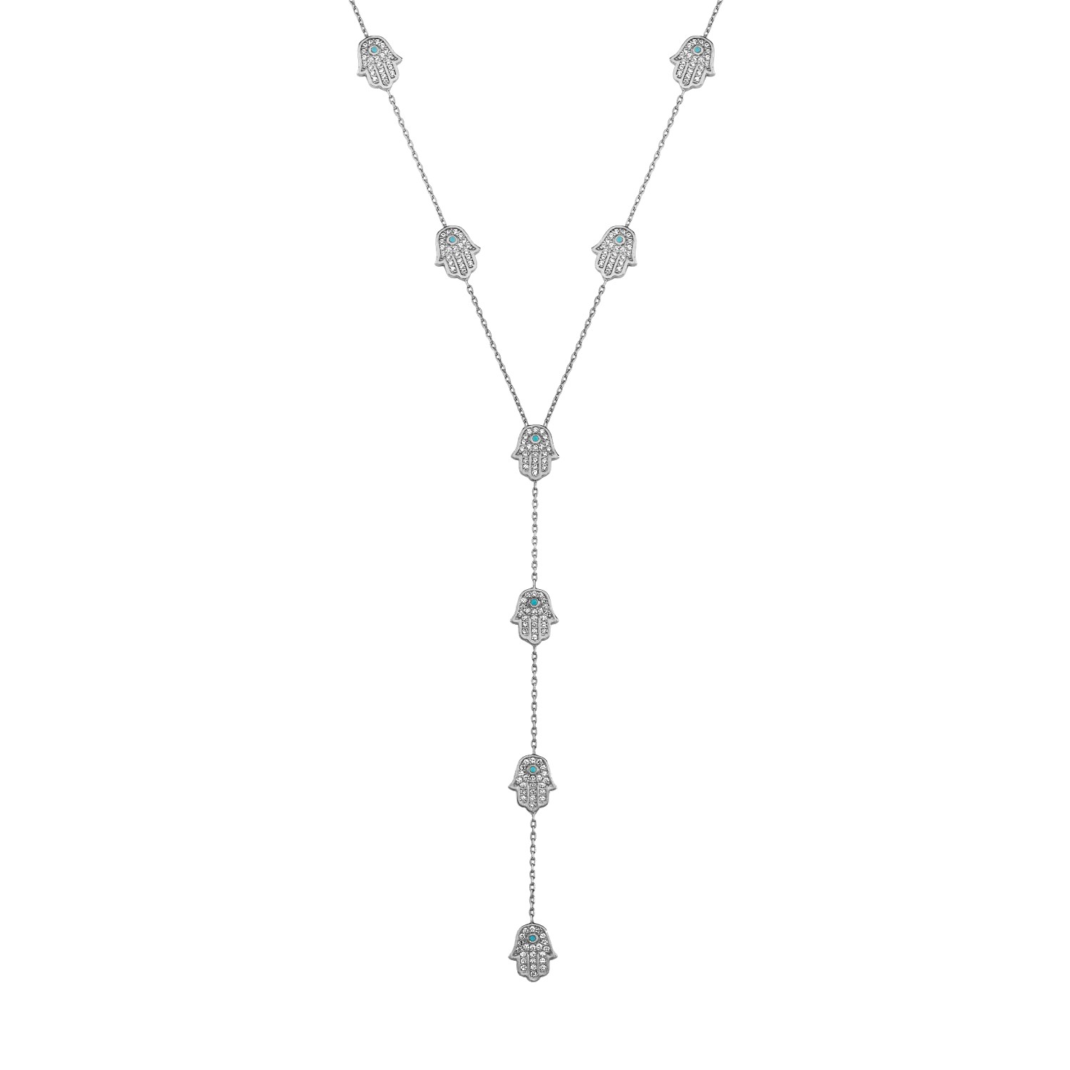 Sterling Silver Rhodium Plated Hamsa Lariat Necklace With Turquoise & Clear CZ