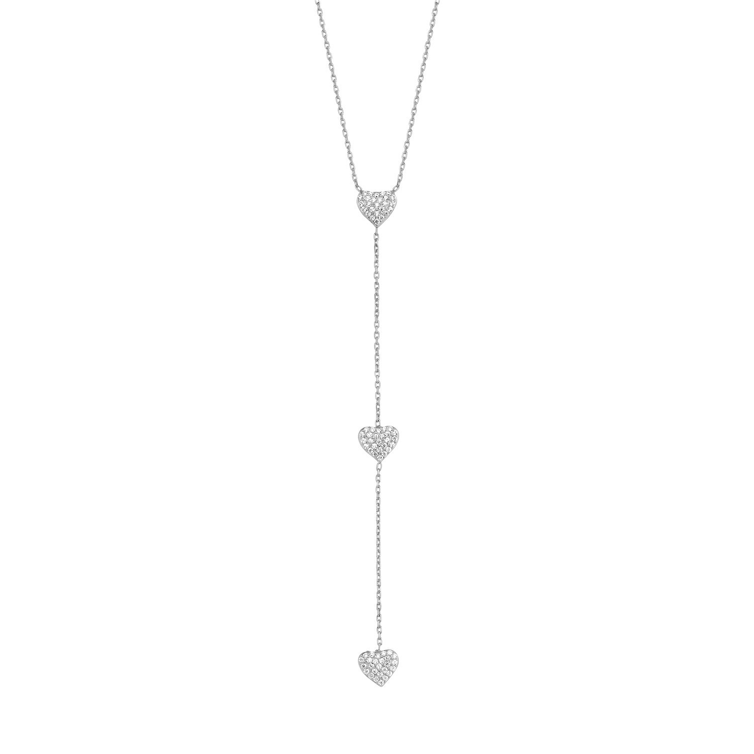 Sterling Silver Rhodium Plated Heart Lariat Necklace With CZ