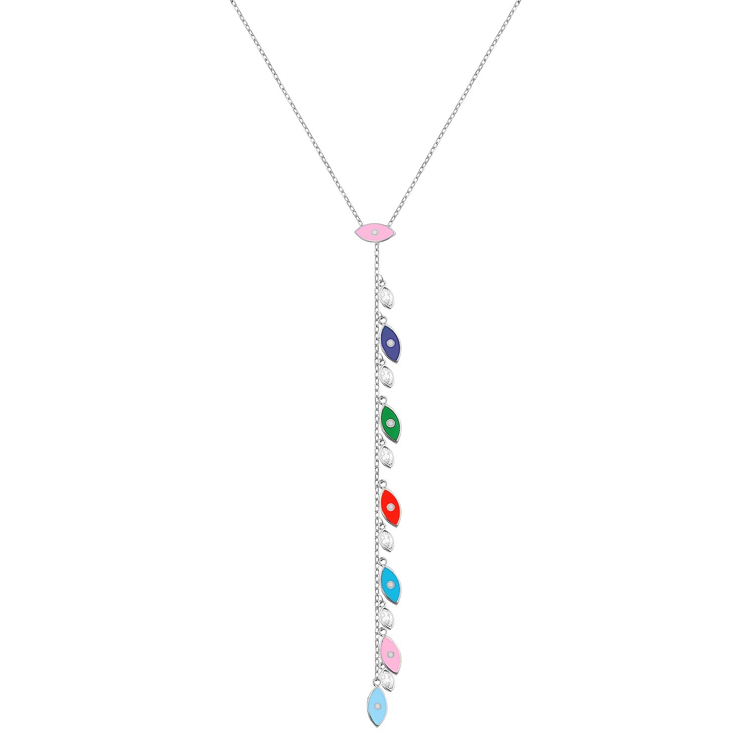 Sterling Silver Rhodium Plated Evil Eye Lariat Charm Necklace With Multicolor Enamel & CZ