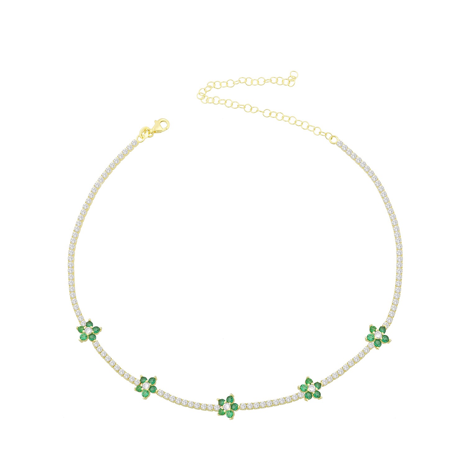 Sterling Silver Yellow Gold Plated Flower Station Tennis Necklace With Emerald & White Cubic Zirconia
