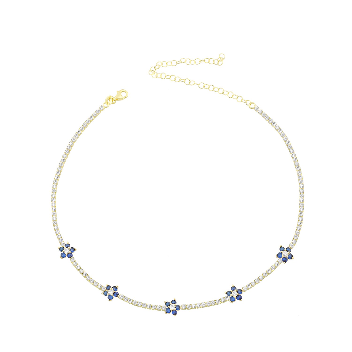 Sterling Silver Yellow Gold Plated Flower Station Tennis Necklace With Sapphire & White Cubic Zirconia