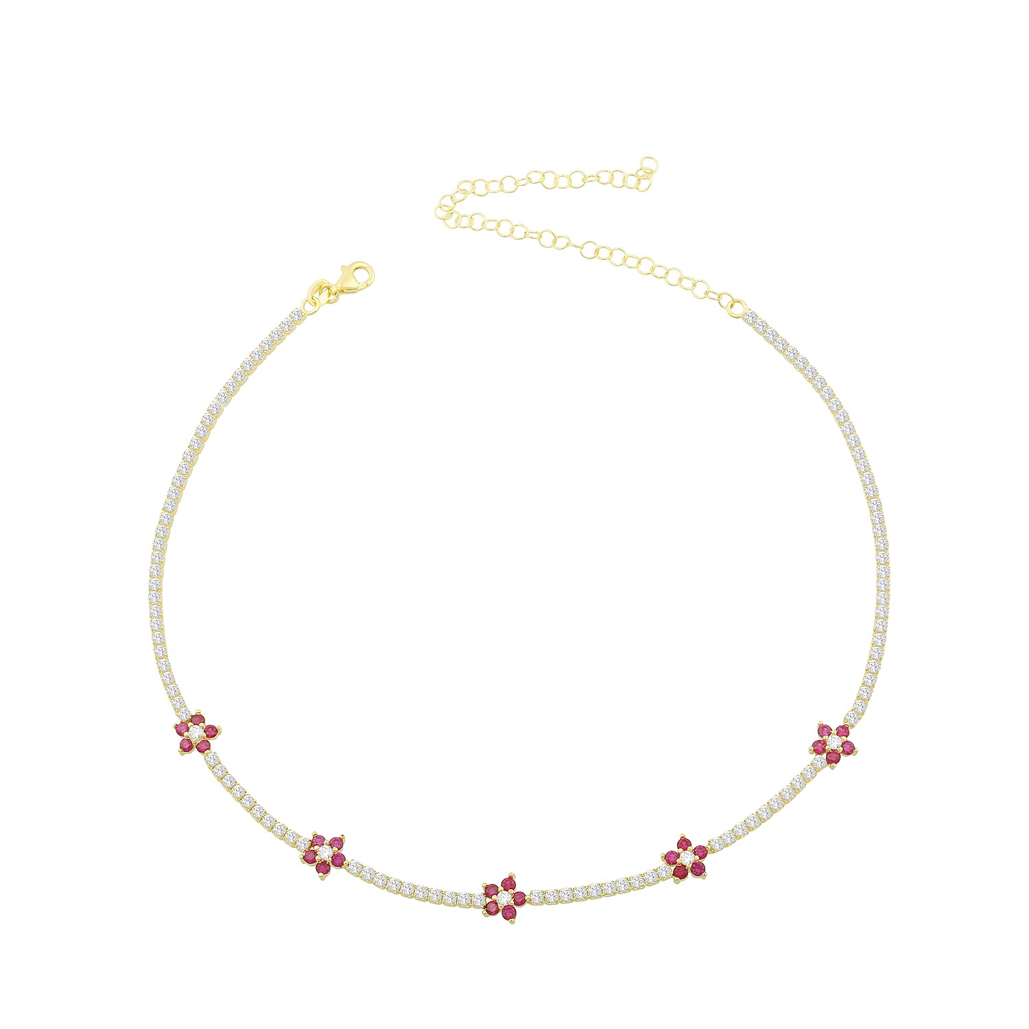 Sterling Silver Yellow Gold Plated Flower Station Tennis Necklace With Ruby & White Cubic Zirconia