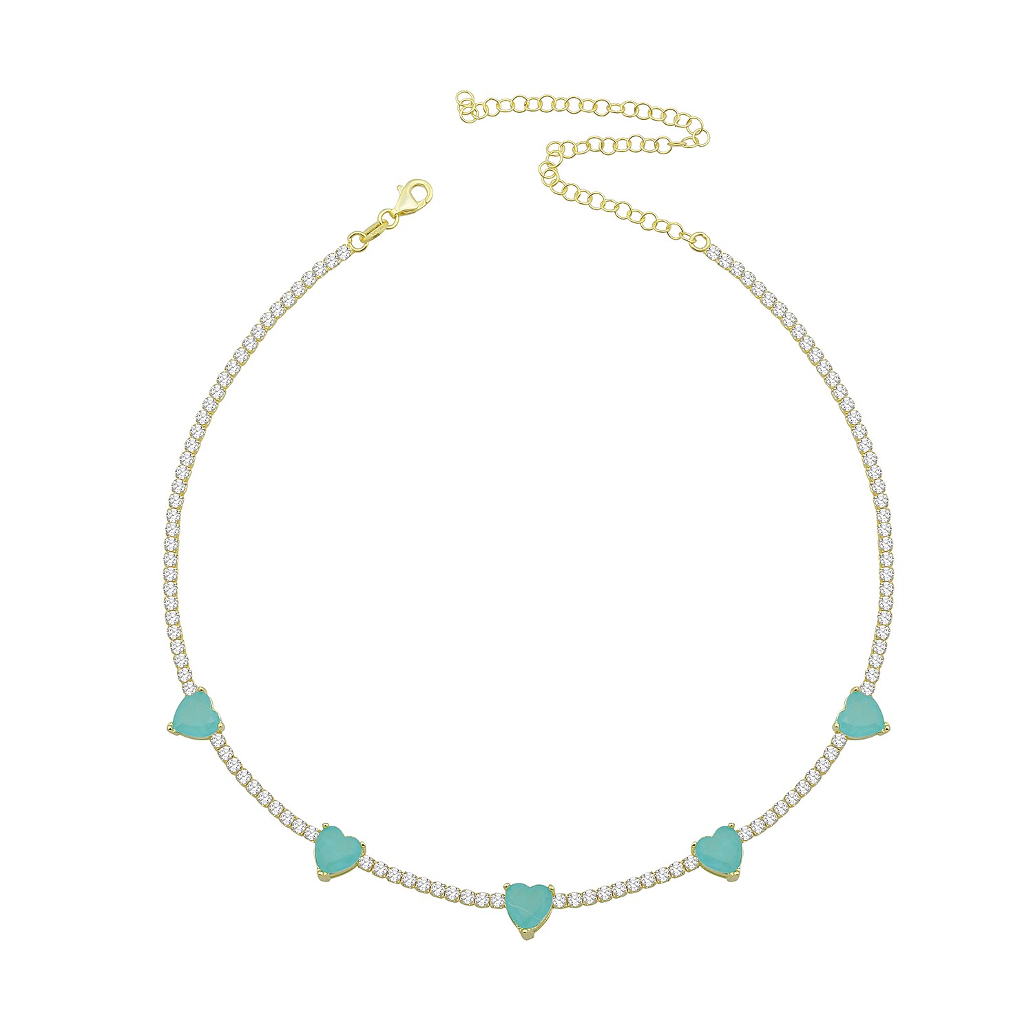 Sterling Silver Yellow Gold Plated Heart Tennis Necklace With Mint Green & White Cubic Zirconia