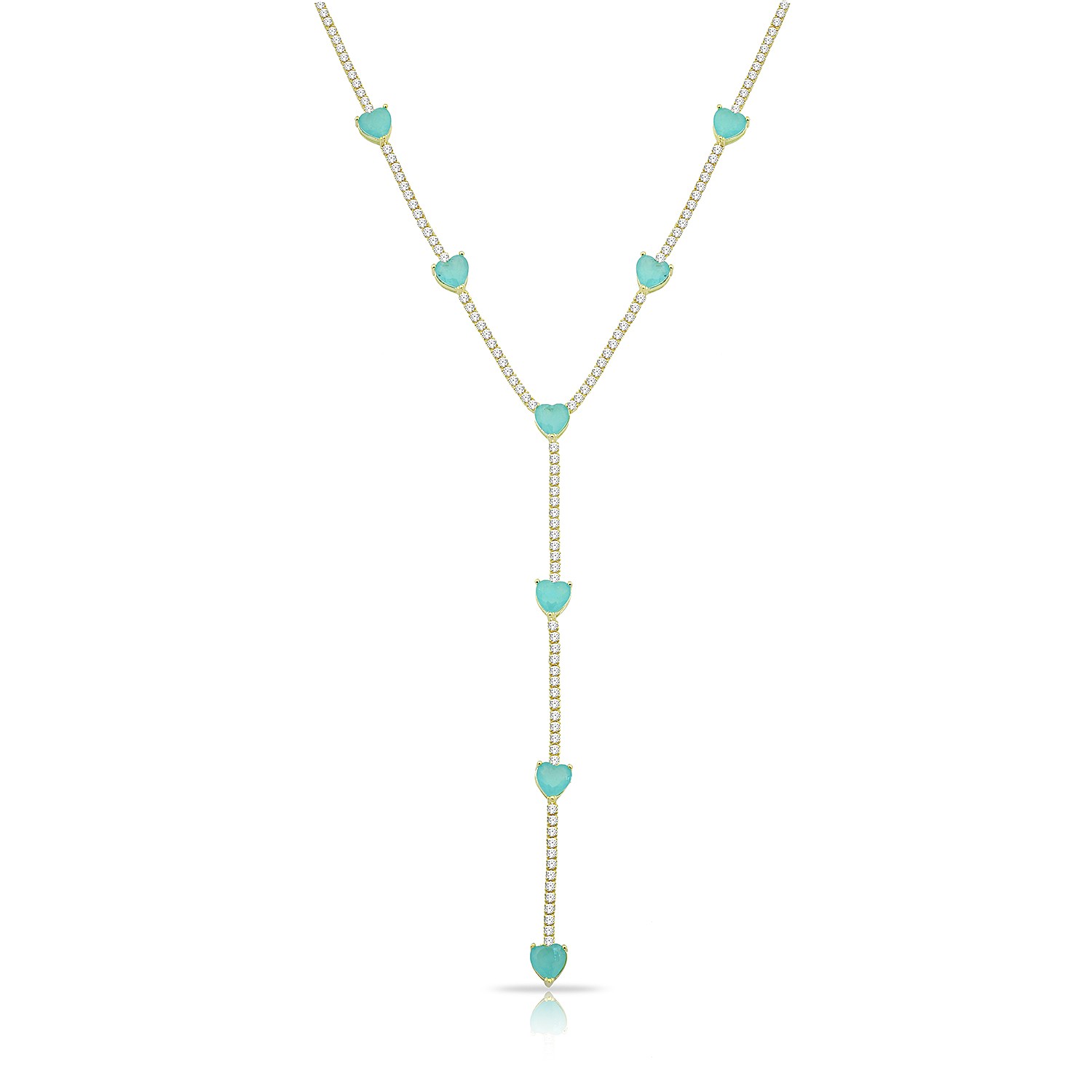 Sterling Silver Yellow Gold Plated Lariat Heart Necklace With Mint Green & White Cubic Zirconia