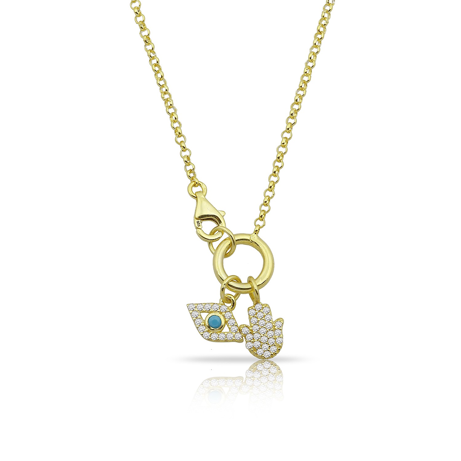 Sterling Silver Yellow Gold Plated Evil Eye & Hamsa Charm Necklace With Cubic Zirconia