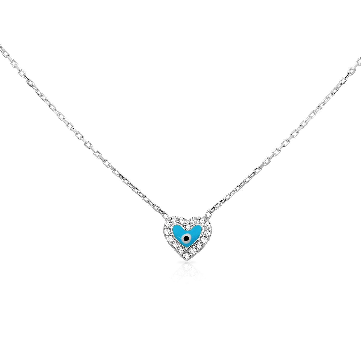 Sterling Silver Rhodium Plated Small Evil Eye Dainty Necklace With Enamel & CZ