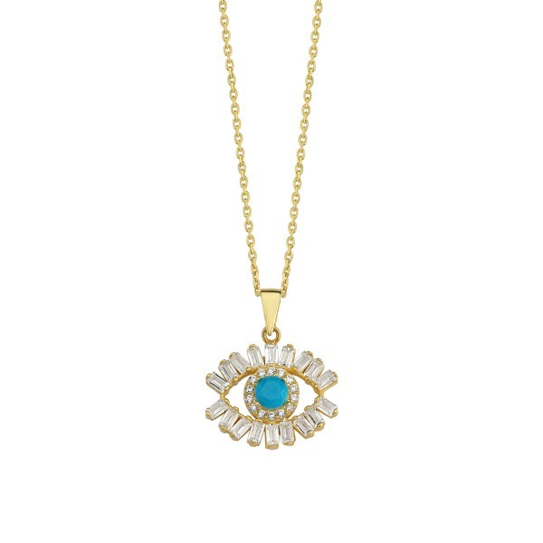 Sterling Silver Yellow Gold Plated Evil Eye Necklace With Turquoise & CZ
