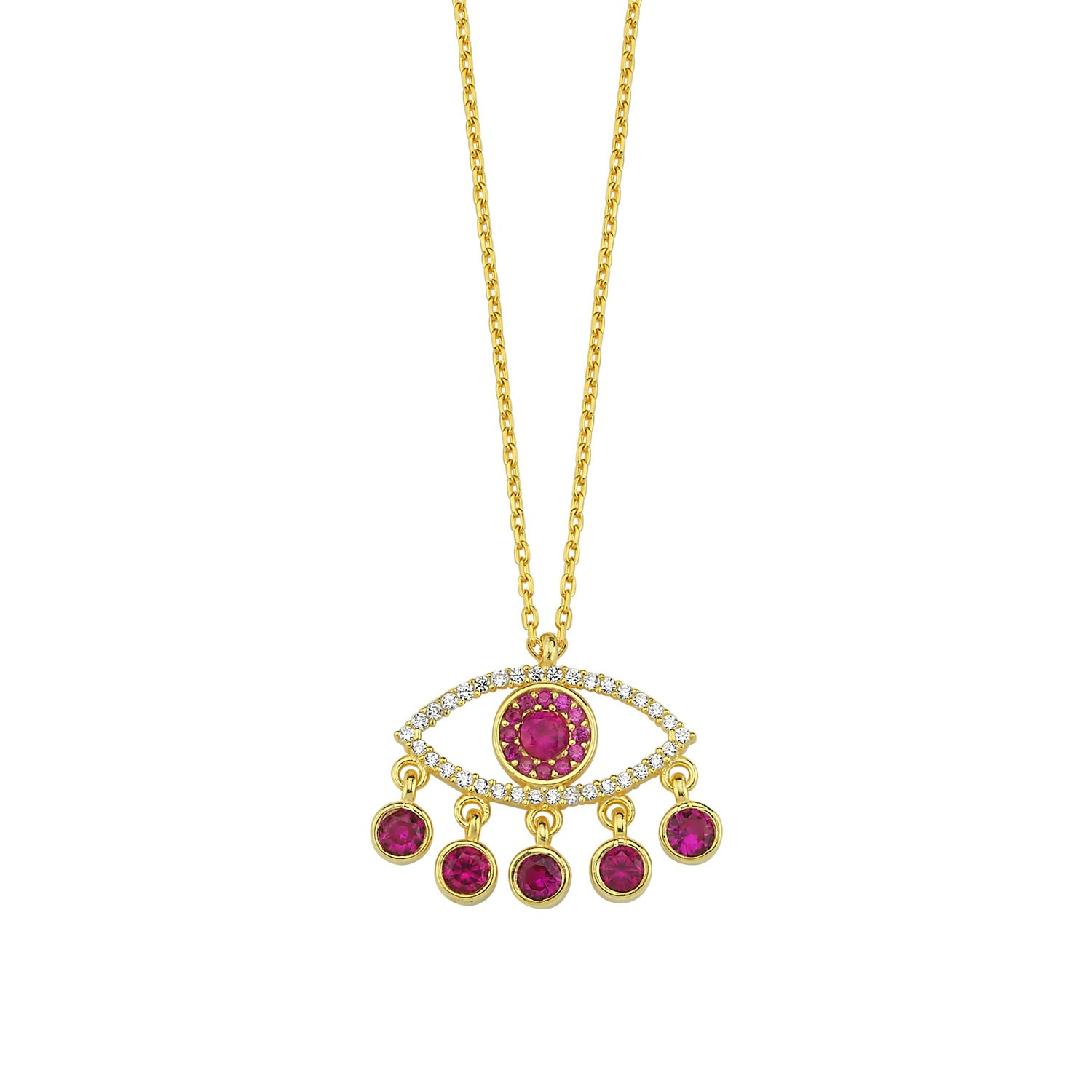 Sterling Silver Yellow Gold Plated Evil Eye Necklace With Ruby & Clear CZ