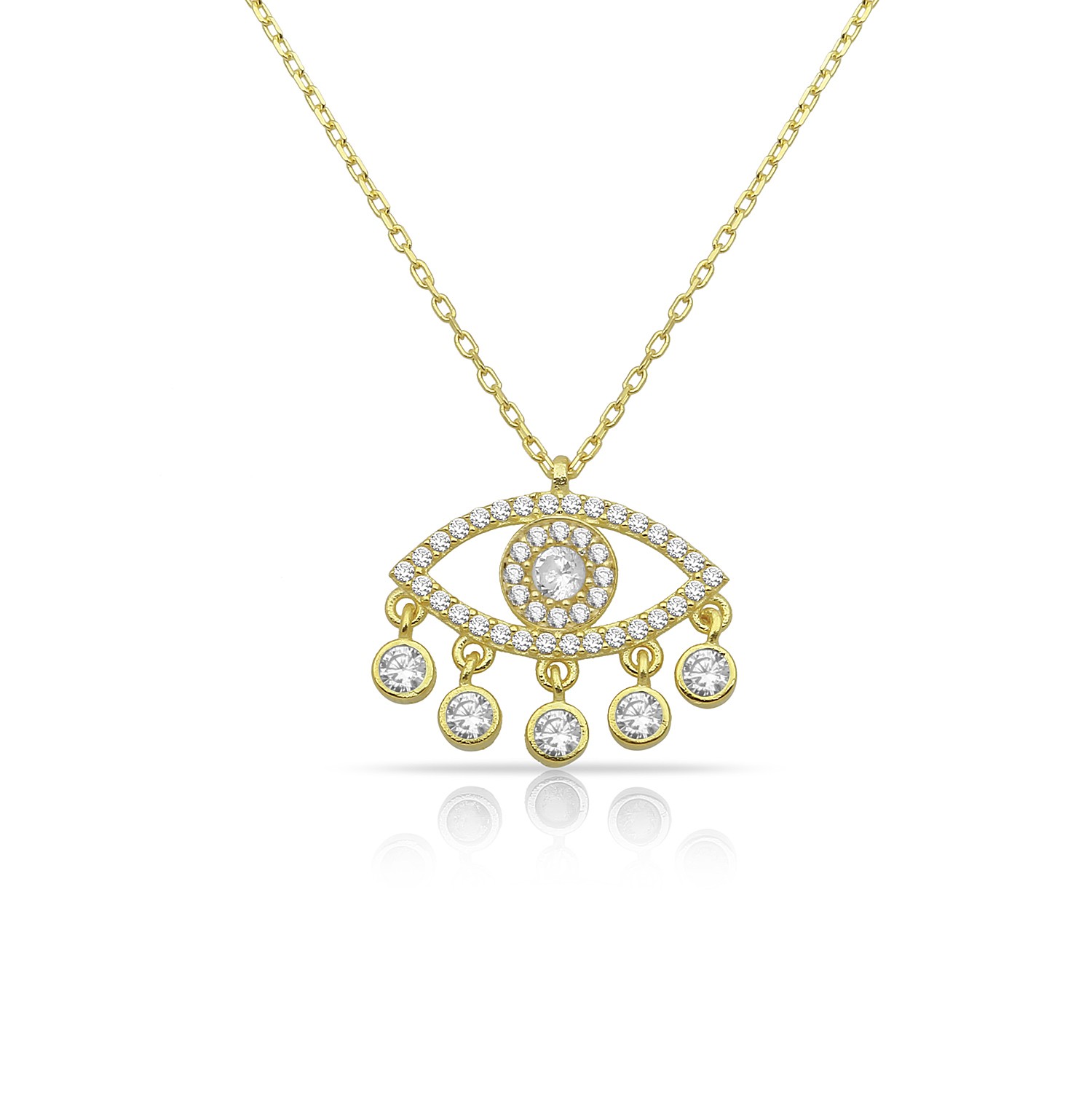 Sterling Silver Yellow Gold Plated Evil Eye Necklace With Clear CZ