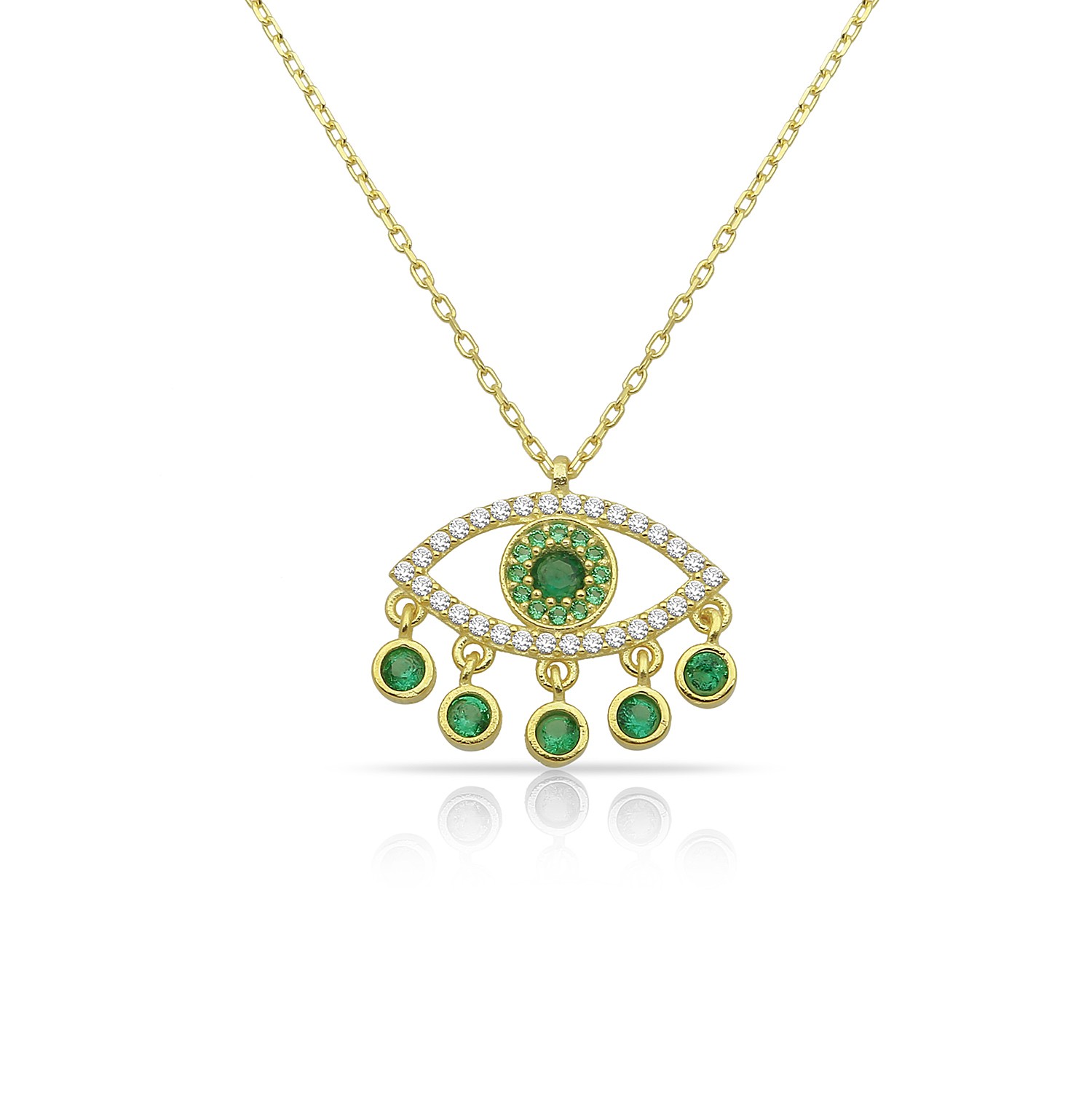 Sterling Silver Yellow Gold Plated Evil Eye Necklace With Emerald & Clear CZ