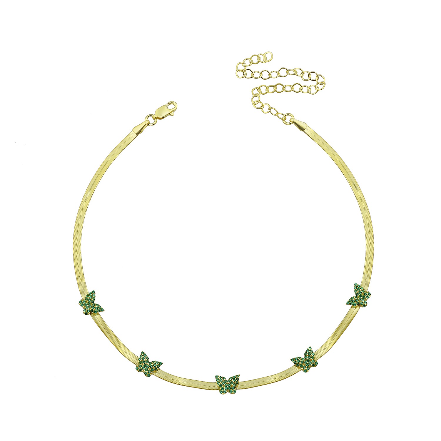 Sterling Silver Yellow Gold Plated Butterfly Charm Herringbone Necklace With Emerald Green Cubic Zirconia