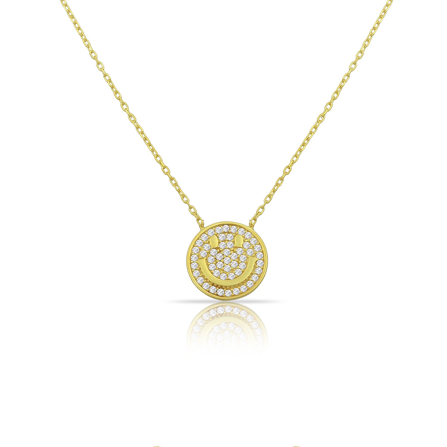 Sterling Silver Yellow Gold Plated Pave Smiley Face Necklace With Cubic Zirconia