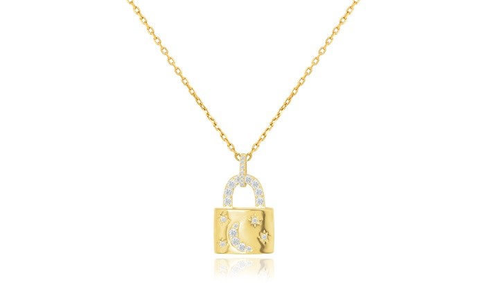 Sterling Silver Yellow Gold Plated Pad Lock Star Moon Necklace With CZ 16+2"