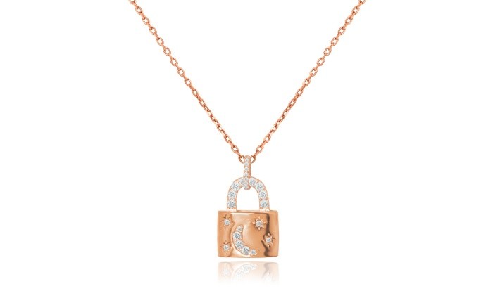 Sterling Silver Rose Gold Plated Pad Lock Star Moon Necklace With CZ 16+2"