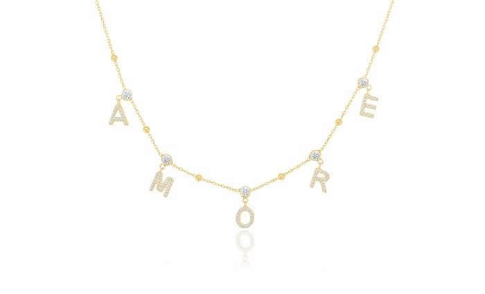 Sterling Silver Yellow Gold Plated Amore Necklace With CZ 16+2"