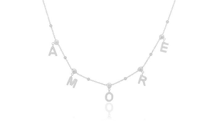 Sterling Silver Rhodium Plated Amore Necklace With CZ 16+2"