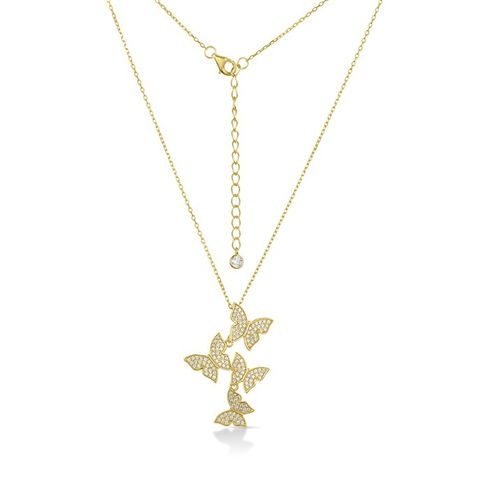 Sterling Silver Yellow Gold Plated Butterfly Necklace With CZ 16+2"