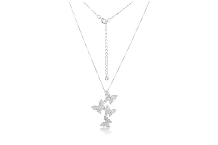 Sterling Silver Rhodium Plated Butterfly Necklace With CZ 16+2"