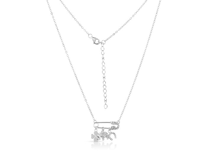 Sterling Silver Rhodium Plated Safety Pin & Lucky Charms Necklace With CZ 16+2"