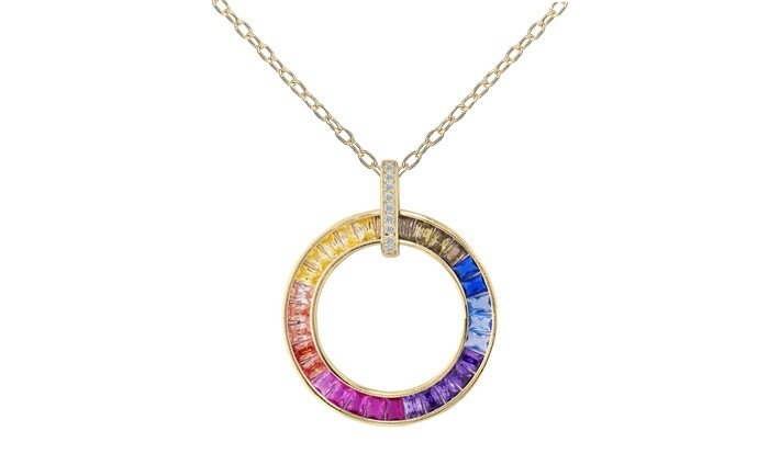Sterling Silver Yellow Gold Plated Rainbow Necklace With Multicolor CZ 16+2"
