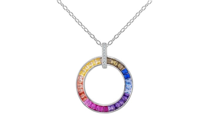 Sterling Silver Rhodium Plated Rainbow Necklace With Multicolor CZ 16+2"