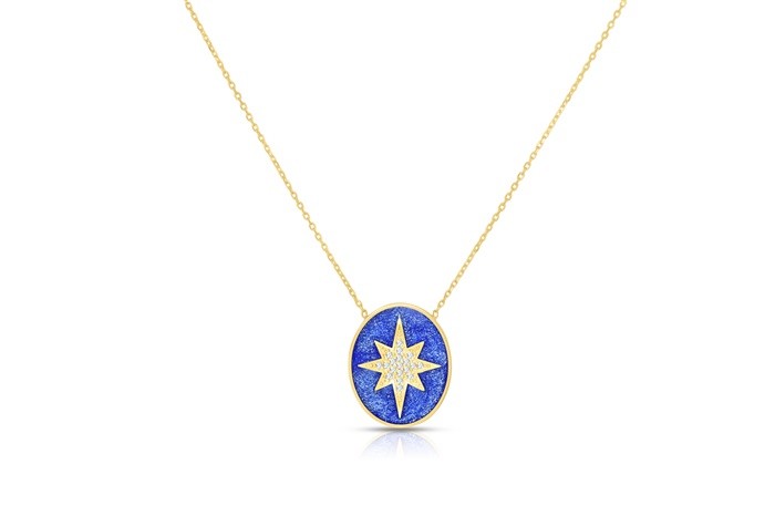 Sterling Silver Yellow Gold Plated Starburst Necklace With Enamel & CZ 16+2"