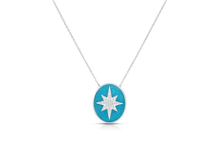 Sterling Silver Rhodium Plated Starburst Necklace With Enamel & CZ 16+2"