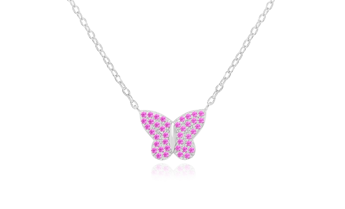 Sterling Silver Rhodium Plated Butterfly Necklace With Pink CZ 16+2"