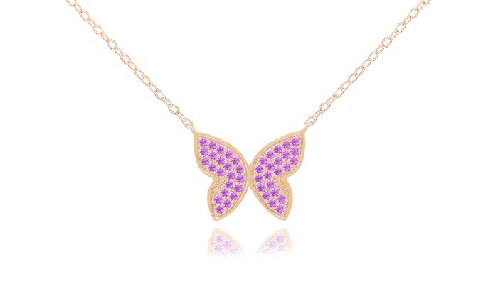 Sterling Silver Rose Gold Plated Butterfly Necklace With Pink CZ 16+2"